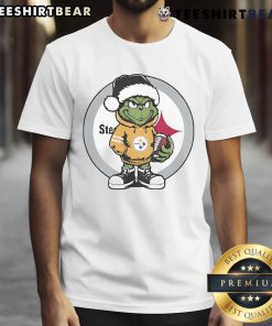 Top Best Grinch Hug Ball Pittsburgh Steelers Christmas T-Shirt featuring festive design and team colors for holiday cheer.