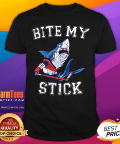 Top Cartoon Shark Bite My Stick Ice Hockey T-Shirt