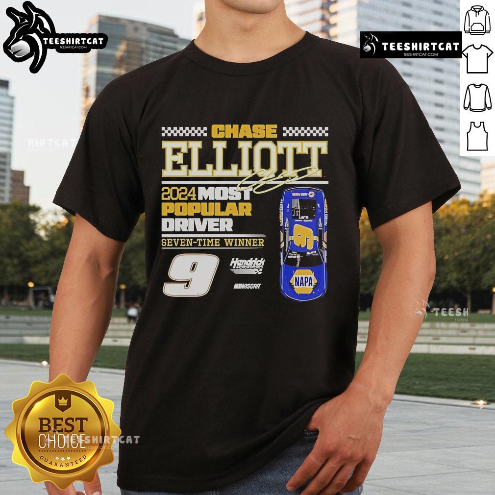 Top Chase Elliott Hendrick Motorsports Team 2024 Most Popular Driver T Shirt Chase Elliott 2024 Most Popular Driver T-Shirt from Hendrick Motorsports, showcasing team colors and logo.