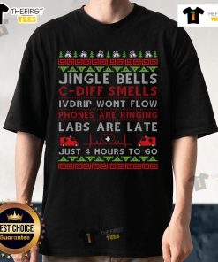 Funny Christmas nurse t-shirt featuring 'Top Jingle Bells Cdiff Smells' design, perfect for festive healthcare professionals.