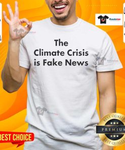 Top John Shewchuk 'The Climate Crisis Is Fake News' T-Shirt showcasing a bold design on a black background.