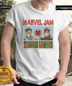 Top Marvel Jam Cyclops and Jean Grey T-Shirt featuring iconic characters in vibrant colors for superhero fans.