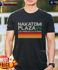 Retro Nakatomi Plaza T-shirt featuring iconic Los Angeles skyline design, perfect for fans of classic films and vintage style.
