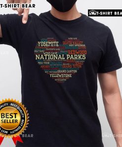 Heart-shaped word cloud featuring top national parks, perfect for camping lovers, on a stylish T-shirt design.