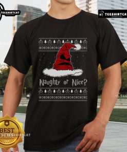Top Naughty or Nice Sorting Santa Claus wearing an ugly Christmas T-shirt, perfect for festive holiday gatherings.