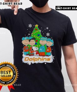 Top Peanuts characters on a Miami Dolphins Christmas tree T-shirt, perfect for festive fans and holiday cheer.