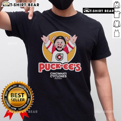 Top Puck-Ee's Cincinnati Cyclones hockey t-shirt featuring vibrant team colors and logo, perfect for fans and game day.