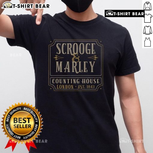 Top Scrooge and Marley Counting House London Established 1843 T-Shirt featuring classic Dickensian design.