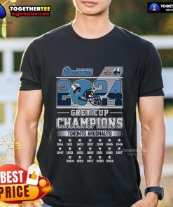 Top Toronto Argonauts Grey Cup Champions 2024 T-Shirt featuring team colors and logo, perfect for fans celebrating victory.