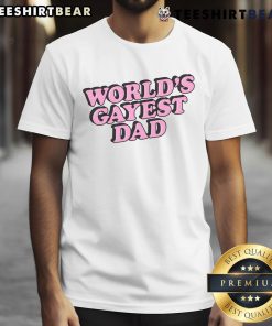 Top World's Gayest Dad T-Shirt featuring colorful graphics and playful text, perfect for proud LGBTQ+ fathers.