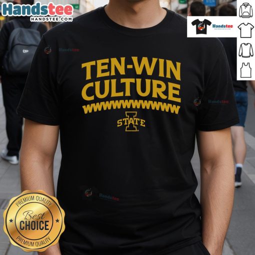 Alt Text: Official Iowa State Football 10-Win Culture T-Shirt featuring team colors and logo, perfect for fans and supporters.