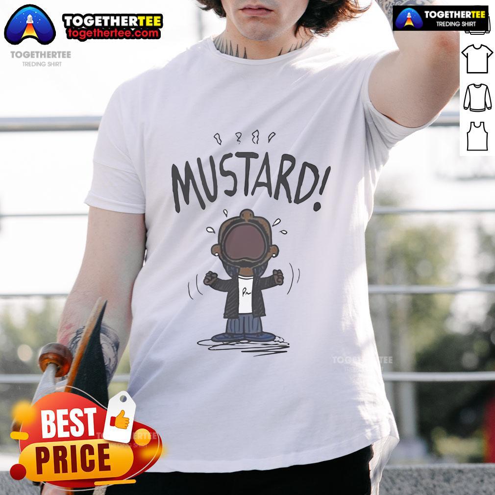 Official Kendrick Lamar Mustard Meme T-Shirt Alt Text: Official Kendrick Lamar Mustard Meme T-Shirt featuring a vibrant graphic design inspired by Kendrick Lamar's iconic style.