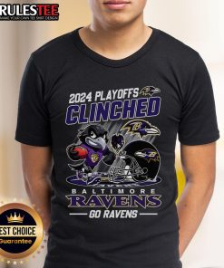 Awesome Baltimore Ravens 2024 Playoffs Clinched Go Ravens T-Shirt featuring bold team colors and logo for fans.