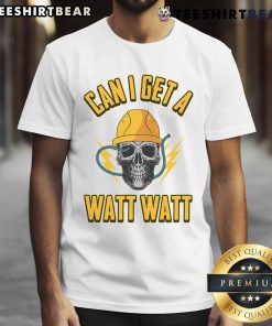 Alt Text: Awesome Electrician Skull T-Shirt design featuring witty 'Can I Get A Watt Watt' phrase for electrical engineers.