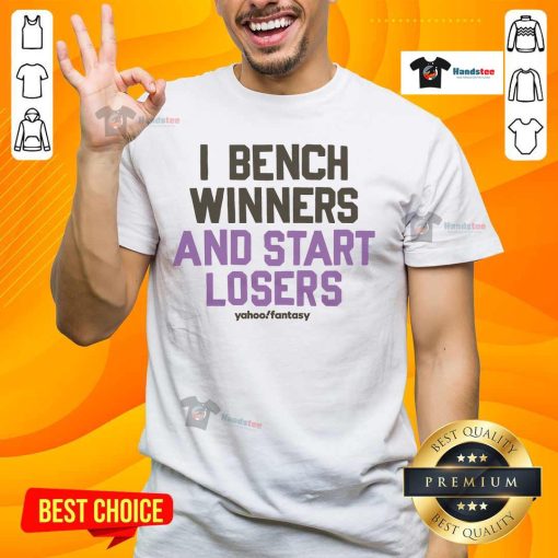 Awesome I Bench Winners And Start Losers T-Shirt featuring bold text design, perfect for fitness enthusiasts and sports fans.