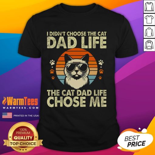 Awesome vintage sunset t-shirt featuring 'I Didn't Choose The Cat Dad Life, The Cat Dad Life Chose Me' design.