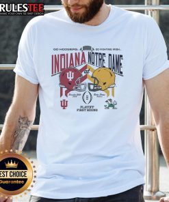 Awesome Indiana vs Notre Dame Playoff First Round Helmets T-Shirt featuring vibrant team logos and bold graphics.