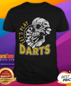 Awesome Let's Play Darts skull design on dartboard T-shirt, perfect for dart players and enthusiasts.