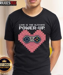 Awesome Love Is The Ultimate Powerup Funny Heart Game Controller T-Shirt design featuring a vibrant game controller and heart graphic.