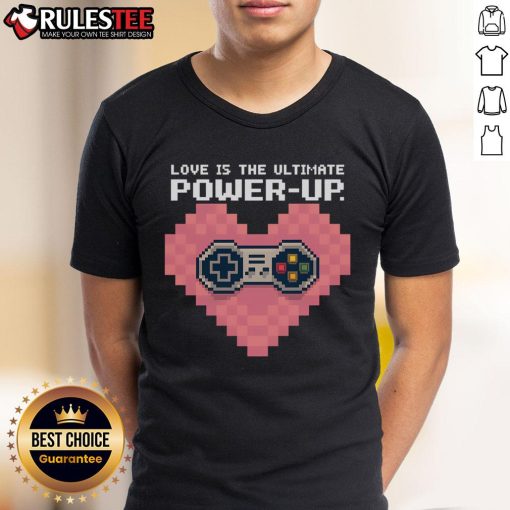 Awesome Love Is The Ultimate Powerup Funny Heart Game Controller T-Shirt design featuring a vibrant game controller and heart graphic.