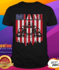 Awesome Miami Formula Racing Track Circuit T-Shirt featuring the United States flag, perfect for motorsport fans.