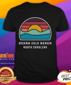 Alt Text: Retro Ocean Isle Beach North Carolina t-shirt featuring vibrant ocean wave sunset design, perfect for beach lovers.