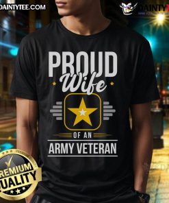 Alt Text: Awesome Proud Wife Of An Army Veteran T-Shirt featuring patriotic design and bold text celebrating military spouses.