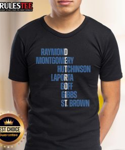 Awesome Raymond Montgomery Hutchinson Laporta Gibbs St Brown Detroit T-Shirt showcasing vibrant team colors and logo design.