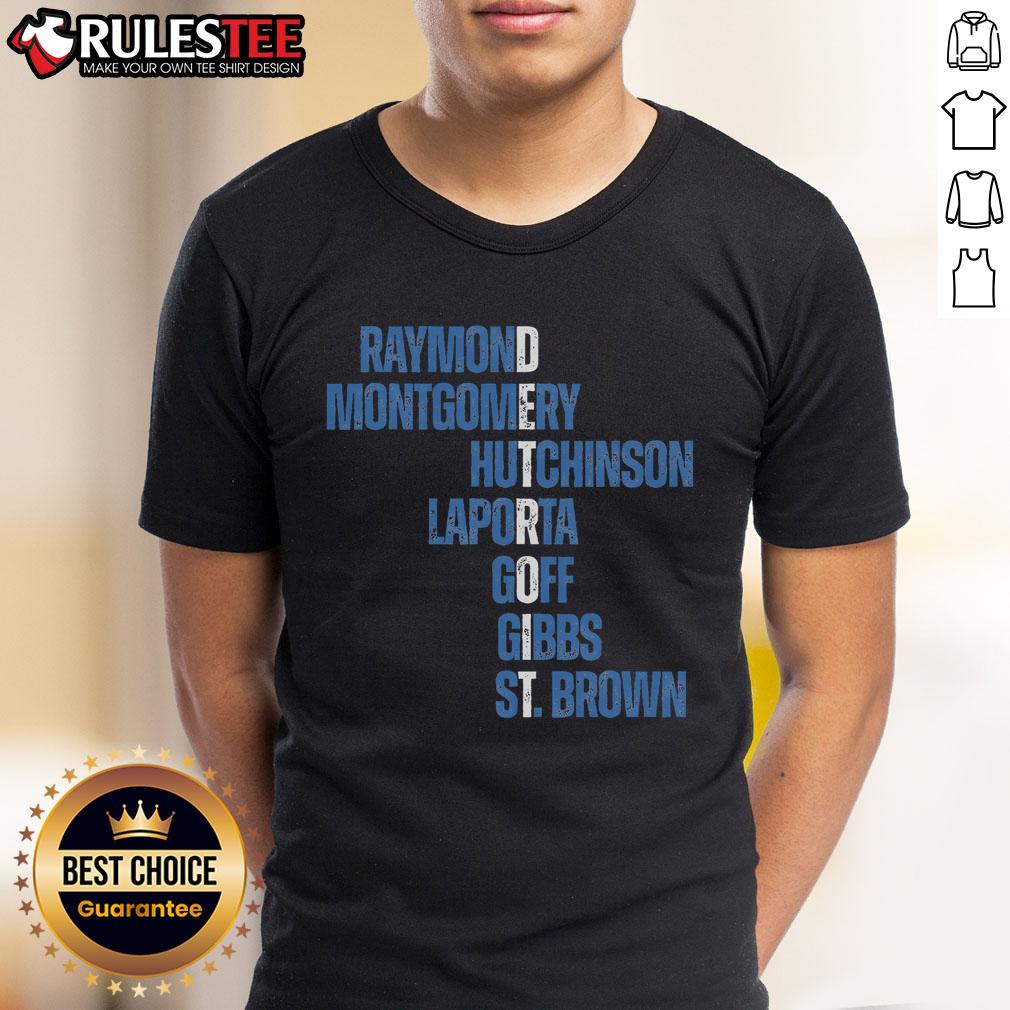 Awesome Raymond Montgomery Hutchinson Laporta Gibbs St Brown Detroit T Shirt Awesome Raymond Montgomery Hutchinson Laporta Gibbs St Brown Detroit T-Shirt showcasing vibrant team colors and logo design.