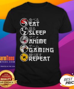 Awesome retro Eat Sleep Anime Gaming Repeat Kawaii Anime Manga Gamer T-Shirt design featuring vibrant colors and playful graphics.