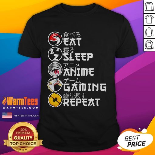 Awesome retro Eat Sleep Anime Gaming Repeat Kawaii Anime Manga Gamer T-Shirt design featuring vibrant colors and playful graphics.