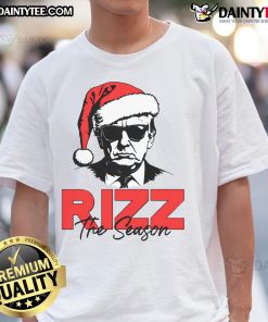 Awesome Rizz The Season Christmas T-Shirt featuring humorous Trump 2024 Santa Rizzler design for festive fun.