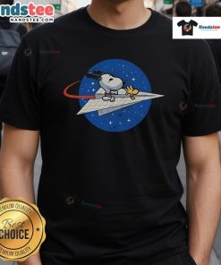 Alt Text: Awesome Snoopy Space Voyager T-Shirt featuring Snoopy in an astronaut suit against a cosmic background.