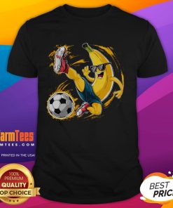 Cute banana soccer player wearing a T-shirt, showcasing an awesome sport banana football player design perfect for fans.