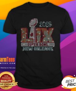 Awesome Super Bowl Lix 2025 Rhinestone T-Shirt featuring sparkling design, perfect for game day celebrations.