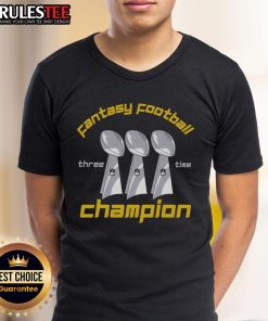 Awesome Three Time Fantasy Football League Champion Trophy T-Shirt featuring bold graphics and vibrant colors.