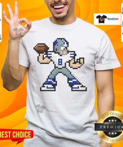 8-bit cartoon of Troy Aikman, Dallas Cowboys football player, featured on a vibrant graphic T-shirt design.