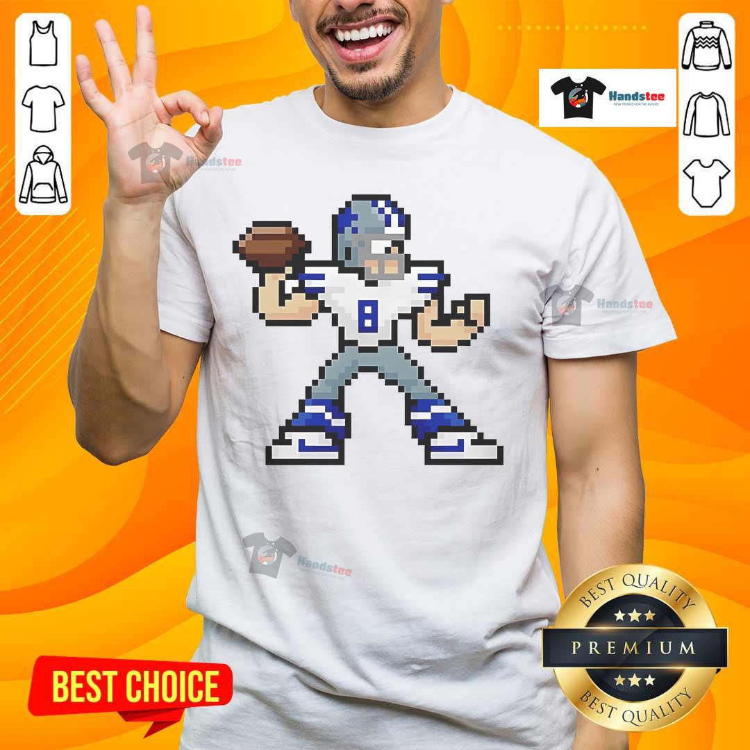 Awesome Troy Aikman Dallas Cowboys Football Player 8 Bit Cartoon T Shirt 8-bit cartoon of Troy Aikman, Dallas Cowboys football player, featured on a vibrant graphic T-shirt design.