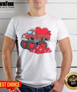 Awesome Valentine's Day monster truck t-shirt featuring hearts, perfect for celebrating love and adventure.