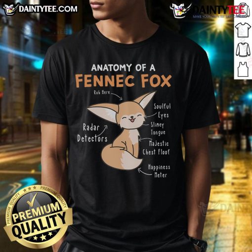 Adorable Fennec Fox anatomy illustration on a cute t-shirt for fox lovers, showcasing their unique features and charm.