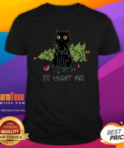 Cute cat and Christmas tree t-shirt design featuring a playful kitty beside a decorated tree for festive spirit.