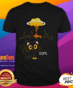 Adorable cat design with a red button bomb graphic on a T-shirt, perfect for cat lovers and fun fashion enthusiasts.