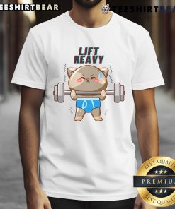 Adorable cat powerlifting on a lift heavy t-shirt, showcasing a fun and playful design for cat lovers and fitness enthusiasts.
