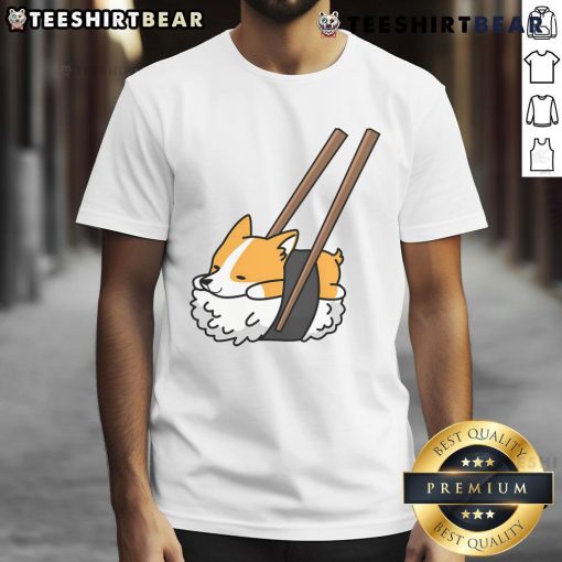 Cute Corgi Sushi Dog T-Shirt featuring an adorable corgi surrounded by sushi rolls, perfect for pet lovers.
