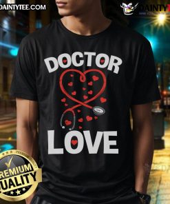 Alt Text: Cute doctor and nurse t-shirt featuring a love heart and stethoscope design for Valentine's Day celebration.