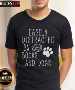 Alt Text: Cute t-shirt design featuring a dog and books, perfect for those easily distracted by books and dogs.