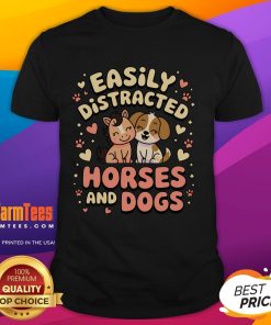 Alt Text: Cute Easily Distracted By Horses And Dogs T-Shirt featuring playful graphics of horses and dogs on a comfy tee.