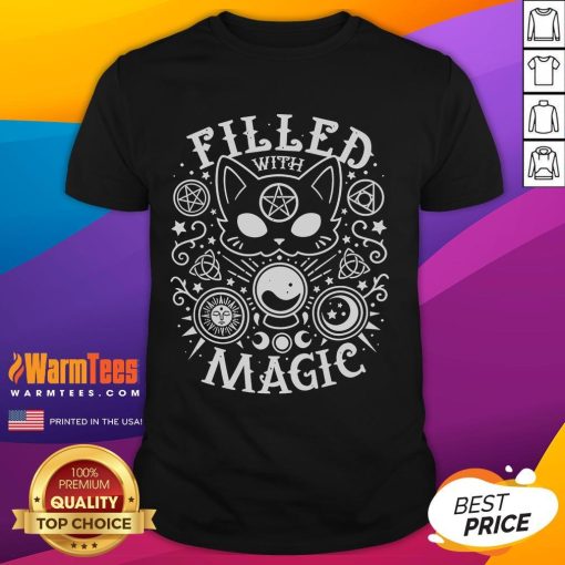Adorable 'Cute Filled With Magic Cat' T-Shirt featuring a whimsical cat design, perfect for cat lovers and magical vibes.