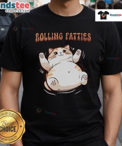 Adorable funny cat rolling fatties T-shirt design featuring a playful feline and vibrant colors, perfect for cat lovers.