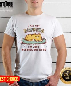 Alt Text: Cute cat t-shirt featuring the phrase I Am Not Napping, I'M Just Resting My Eyes in playful typography.